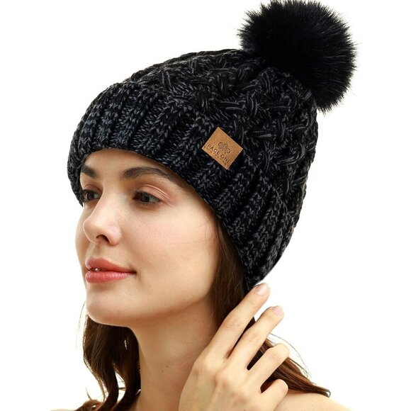 Women’s Mixed Black Winter Ribbed Beanie Hat Chunky Cable Knit Pompom Warm main image 4
